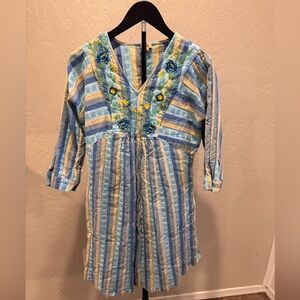 Reba Blue, Yellow & White Striped Floral Embroidered Midi Dress With Pockets